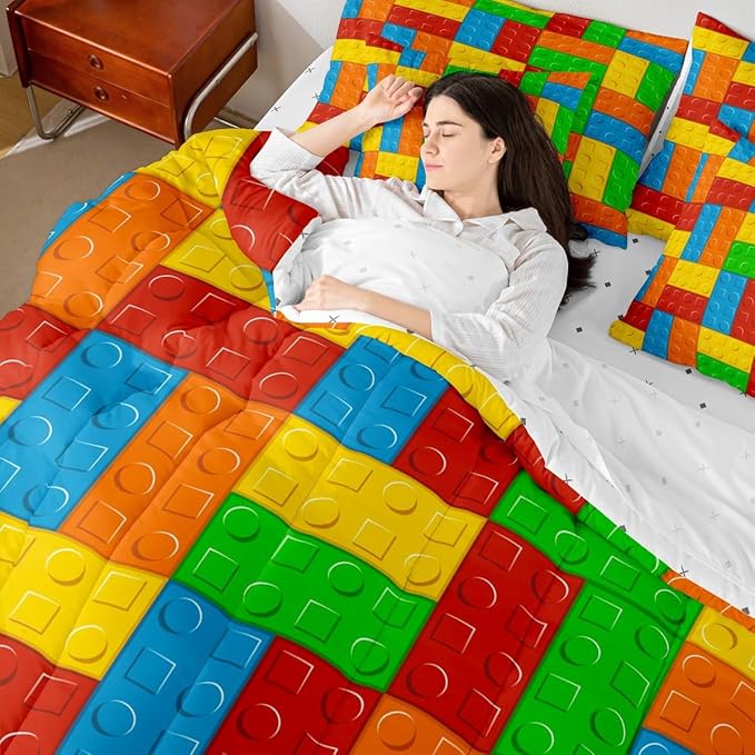 Building Block Kids Comforter Set 7 Pcs King Size, Brick Style Cartoon Gaming Bedding Quilt Set for Child Boys Room Decor Colorful Construction Fitted Flat Sheet 2 Throw Pillow Covers 2 Pillowcases