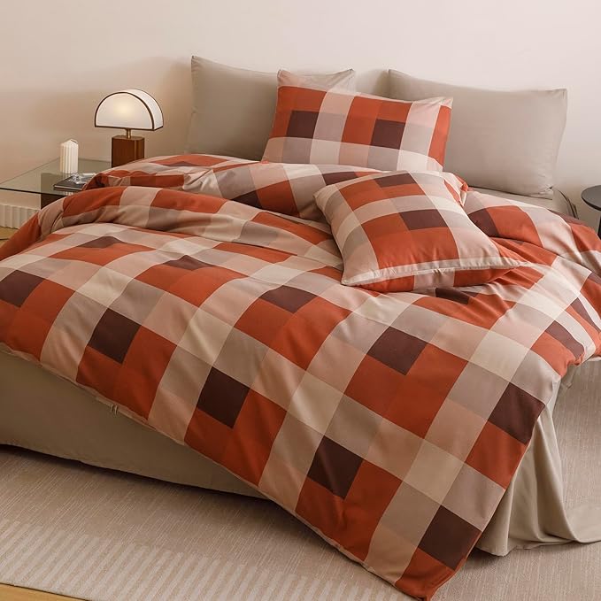 CLOTHKNOW Rust Khaki Plaid King Size Comforter Set Gingham Bedding Comforter Sets Geometric Comforter King Sets with 2 x Pillow Cases