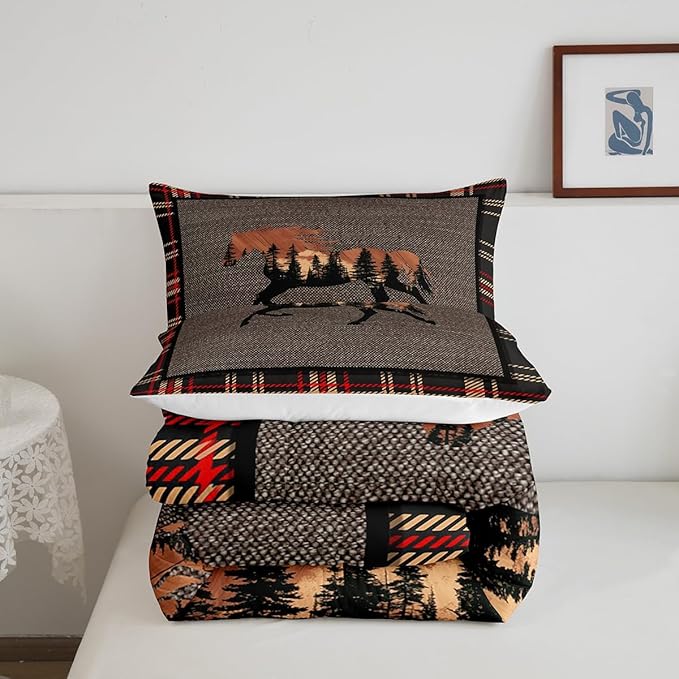 Erosebridal Horse Comforter Set,Rustic Western Cowboy Bedding Set for Teens Kids Adult,Farmhouse Nature Wildlife Bedding Western Room Decor,Plaid Down Comforter,Orange Grey Duvet Set,Queen