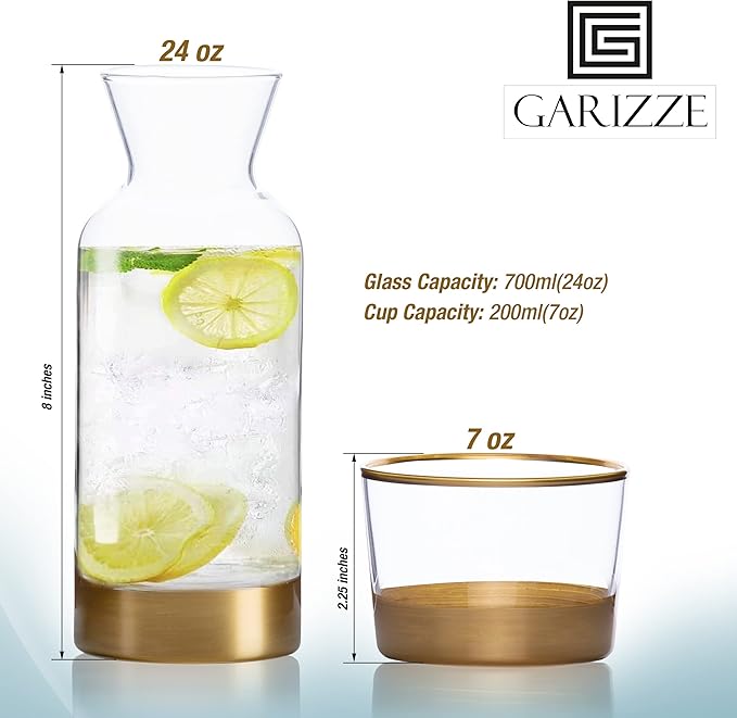 GARIZZE Bedside Water Carafe and Glass Set for Bedroom, Bedside Carafe and Glass Set, Mouthwash Decanter for Bathroom, Water Carafe with Glass Cup for Nightstand (24-oz/7-oz) (GOLD)