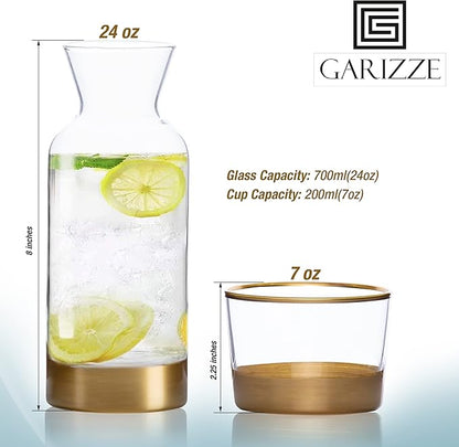 GARIZZE Bedside Water Carafe and Glass Set for Bedroom, Bedside Carafe and Glass Set, Mouthwash Decanter for Bathroom, Water Carafe with Glass Cup for Nightstand (24-oz/7-oz) (GOLD)