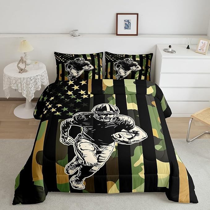 Feelyou Rugby Comforter Set Full Size Football Player Comforter for Boys Girls Teens Camo Bedding Set American Flag Duvet Set Room Decor Camouflage Quilt Set
