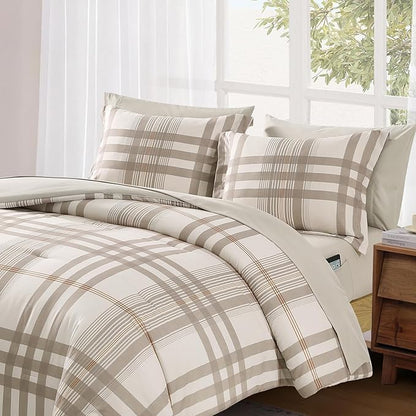 MaiRêve Full Size Comforter Set Brown Grey, Classic Plaid Farmhouse Bedding Sets 7 Pieces, All Season Lightweight Bed in a Bag with Sheets, Pillowcases & Shams