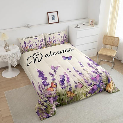 Erosebridal Purple Lavender Bedding Set King Spring Watercolor Flowers Butterfly Comforter Set for Kids Girls Women Aesthetics Garden Style Floral Down Comforter Rustic Farmhouse Quilt Duvet