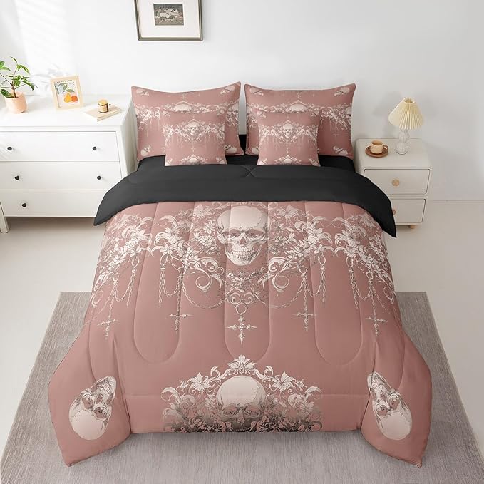 Erosebridal Gothic Comforter Set 7 Piece Bed in a Bag Twin,Goth Sugar Skull Bedding Set,Beige Red Damask Bohemian Vintage Floral Comforter and Sheet Set,Exotic Antique Victorian Baroque Decor