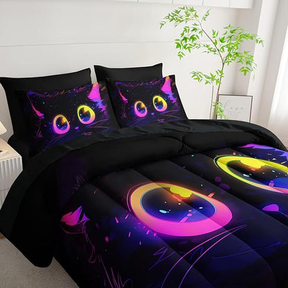 Cute Cat Kids Comforter Set Queen Size 7pcs Black in Dark 3D Digital Animals Printed Pattern Comforter Set for Kids Boys Girls Adults Animal Print Room Decor
