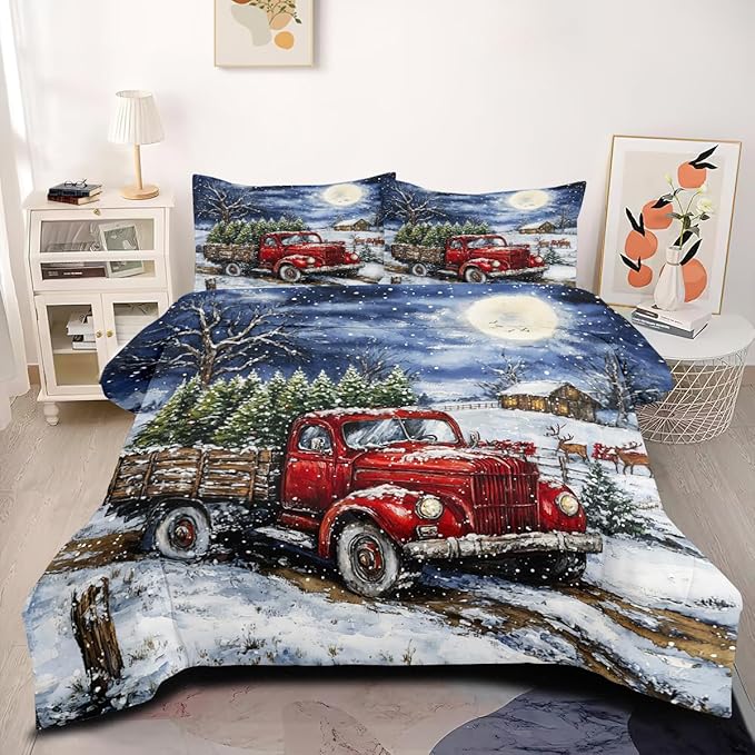 Red Truck Comforter Set Queen Size, Blue White Xtmas Trees Bedding Set for Kids Girls, Moon Snowflake Holiday Decor Comforter,3Pcs Soft Warm Bed Set with 2 Pillowcases(90 * 90)