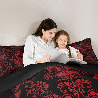 Erosebridal Gothic Damask Bed in a Bag Queen Comforter Set 7 Piece,Butterfly Skull Bedding Sets Red Black Victorian Floral Goth Sheet Set with Comforter