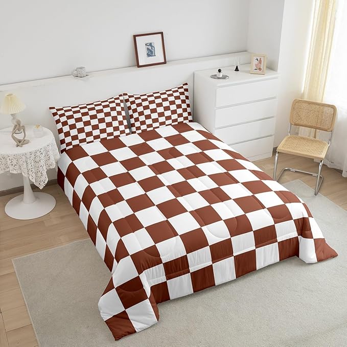Feelyou Checkered Bedding Set Teen Women Men Coffee Brown White Plaid Comforter Set Twin Size Kids Boys Girls Cute Retro Neutral Checkerboard Geometric Duvet Insert Vintage Aesthetic Room Decor