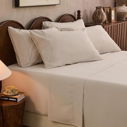100% Linen Sheet Set King Size Extra Deep Pocket Fits 18-24 Inch Mattress, Breathable & Soft, Smooth 6-Piece Set for Thick Mattresses Hotel Luxury Bedding（King, Linen）