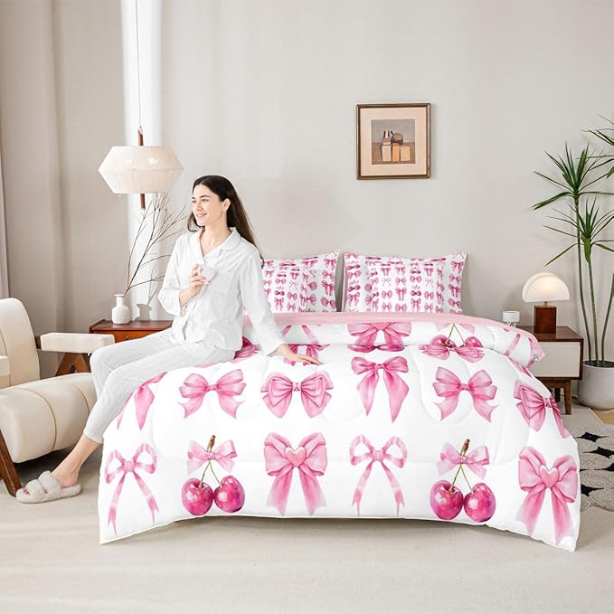 Feelyou Pink Cute Cherry Bow Comforter Set with Sheets 7 Piece Twin Size Princess Decor Bedding Set for Kids Boys Girls Pink Bow Bed in a Bag Kawaii Room Decor Soft Lightweight Microfiber
