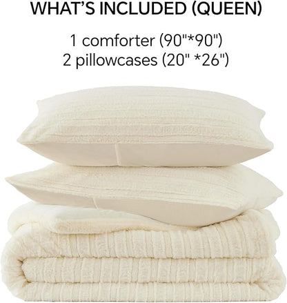 BEDELITE Fleece Queen Comforter Set -Super Soft & Warm Fluffy Cream White Faux Fur Bedding, Luxury Fuzzy Heavy Bed Set for Winter with 2 Pillow Cases
