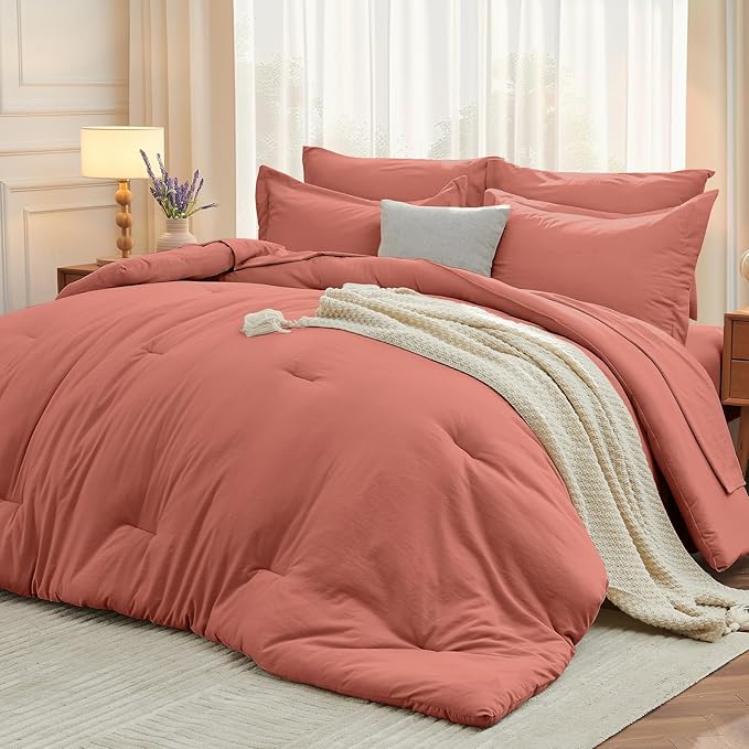 MUXHOMO 7 Pieces Full Comforter Set, Soft Bed in a Bag Full Size, All Season Bedding Set with Comforter, Flat Sheet, Fitted Sheet, Pillowcases & Shams, Coral Red