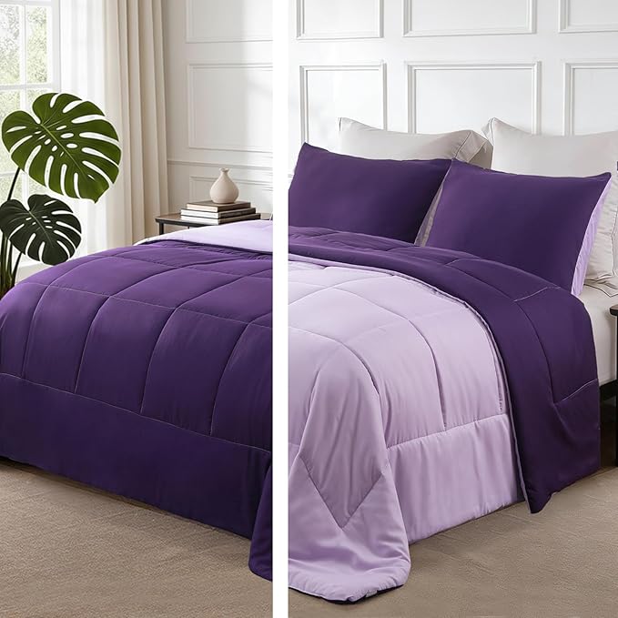 Exclusivo Mezcla Lightweight Reversible King Size Comforter Set, Down Alternative Comforter with 2 Pillow Sham, King Size Bedding Set for All Seasons, Deep Purple/Lilac