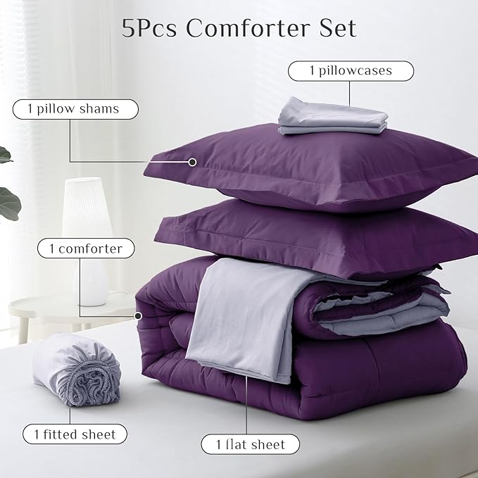 JOLLYVOGUE Twin XL Comforter Set, Ultra-Soft Bed in a Bag Twin XL Size 5 Pieces, Oeko-TEX Certified Bedding Set with Down Alternative Comforter, Sheets, Pillowcases & Shams, Purple & Lavender