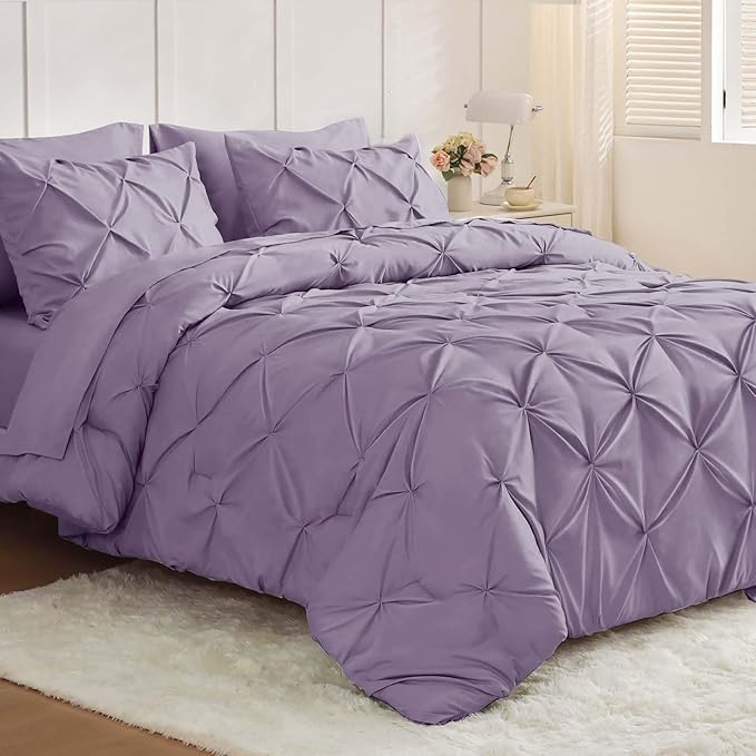 JOLLYVOGUE King Size Comforter Set 7 Pieces - Bed in a Bag King for All Season, Pintuck Bedding Comforter Sets with Comforter, Flat Sheet, Fitted Sheet and Pillowcases & Shams, Purple