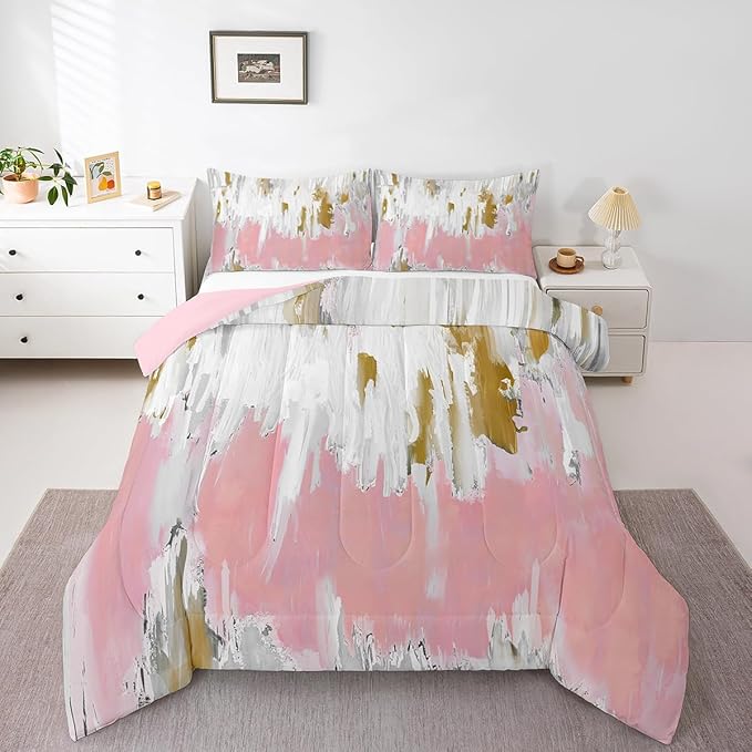 Erosebridal Girly Pink Comforter King Oil Painting Stripe Bedding Set, Brush Marks Contemporary Ombre Down Comforter Watercolor Graffiti Bed Set, Aesthetic Modern Quilted Duvet