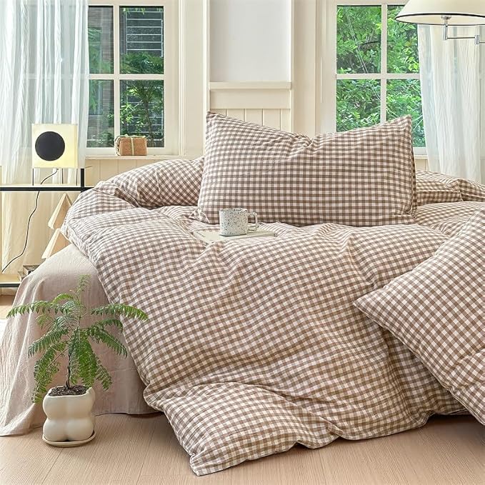Nayoroom Brown Gingham Comforter Set Queen Size Tan Plaid Checkered Comforter 3 Pieces Soft Lightweight Grid Farmhouse Dorm Bedding Set for All Seasons