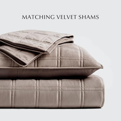 EVERGRACE 3 Pieces Luxurious Velvet Quilt King Size, Ultra Soft Bedspread Coverlet Set, Double Box Stitch Lightweight Velvet Comforter for All Season with 2 Shams, Truffle Taupe, 108"x96"