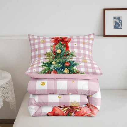 Watercolor Christmas Tree Comforter Set Queen Size,Pink Grid Patchwork Bedding Set 3Pcs for Kids Girls Boys Women Room Decor,Gold Snowflake Quilt Set Winter New Year Duvet Insert,2 Pillowcases