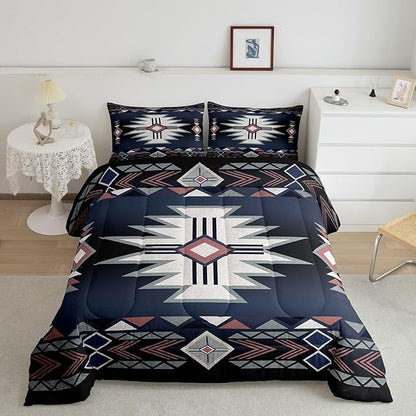 Southwestern Comforter Set King Size,Rustic Farmhouse Western Bedding Set,Kids Adult Geometric Aztec Tribal Arrow Striped Quilt Set Dark Blue Red Vintage Bohemian Duvet Insert 2Pcs,2 Pillowcases