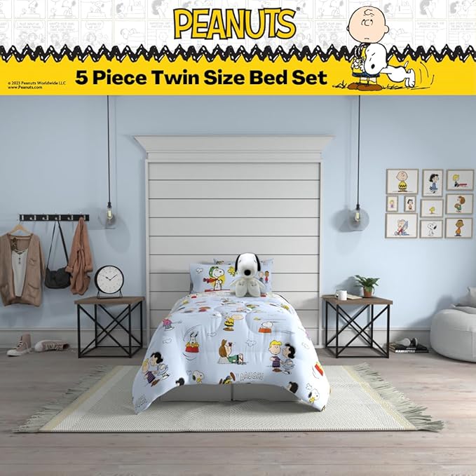 Peanuts Charlie Brown, Snoopy & Gang Bedding, 5 Piece Super Soft Cozy Reversible Comforter and Sheet Set with Sham, Twin, (100% Official Licensed Product) by Franco Collectibles