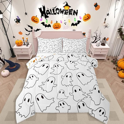 Erosebridal Cartoon Ghost Comforter Set Full, Halloween Ghost Bedding Set for Kids Boys Girls Teens Women Men Bedroom, Funny Halloween Decor Comforter, Cute White Spooky Quilt