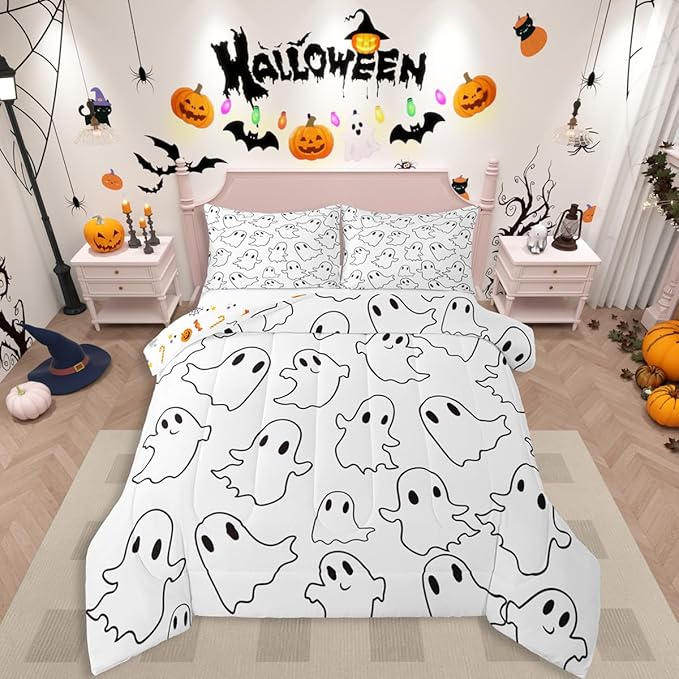 Erosebridal Cartoon Ghost Queen Comforter Set, Halloween Ghost Bedding Set for Kids Boys Girls Teens Women Men Bedroom, Funny Halloween Decor Comforter, Cute White Spooky Quilt