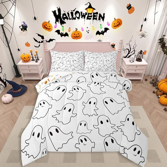 Erosebridal Cartoon Ghost Bedding Set Toddler, Halloween Ghost Comforter Set for Kids Boys Girls Teens Women Men Bedroom, Funny Halloween Decor Comforter, Cute White Spooky Quilt