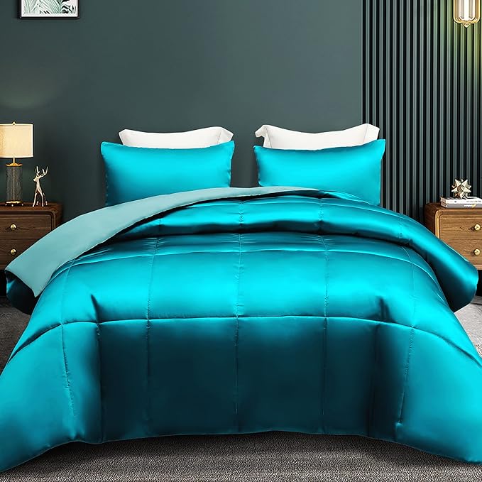 Whale Flotilla 3-Piece Reversible Silky Soft Queen Comforter Bedding Set, Luxurious Satin Comforters Full Size with 2 Satin Pillowcases, Lightweight Duvet for All Seasons, Turquoise
