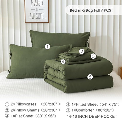 COTTEBED Ultra-Soft Full Size Sheet Sets with Comforter - All Season Use 5 Piece Bed in a Bag, Aesthetic Boho Washed PolyCotton Full Comforter and Bedding Fitted Sheet Set Pillowcase, Dark Olive Green