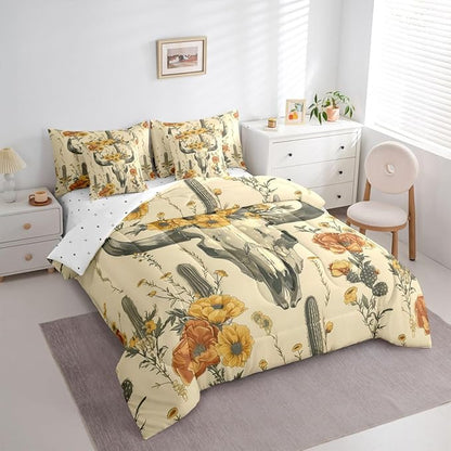 Erosebridal Bull Skull Bed in A Bag King | Cactus Tropical Vintage Floral 7 Piece Comforter Set Ancient Mysterious Flower Sheet Set Boho Tribal Symbol Fitted Sheet Breathable Lightweight