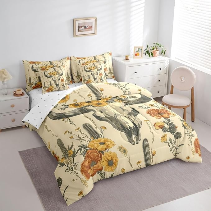 Erosebridal Bull Skull Bed in A Bag Twin | Cactus Tropical Vintage Floral 7 Piece Comforter Set Ancient Mysterious Flower Sheet Set Boho Tribal Symbol Fitted Sheet Breathable Lightweight