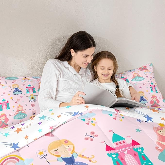 Erosebridal Kids Pink Princess Comforter Set Dreamy Fairy Tales Castle Girls Toddler Bedding Set Cartoon Rainbow Down Comforter for Teen Women Bedroom Decor,Magical Carriage Princess Bed Set