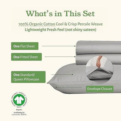 California Design Den Twin XL Sheet Sets - Soft 100% Organic Cotton Sheets with Deep Pockets, Crisp Percale, Breathable and Durable Bedding Set, Dorm Essentials for Guys - Light Grey
