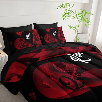 7 Piece Red and Black Rose King Comforter Set，King Quilt Bedding Set Rose，(1 Comforter, 1 Flat Sheet, 1 Fitted Sheet, 2 Pillowcase and 2 Pillow Sham)