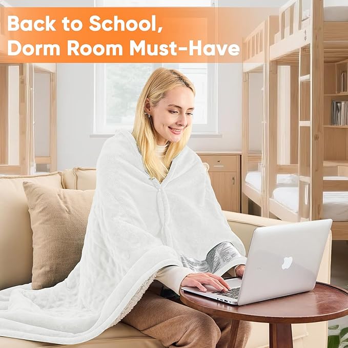 greenoak Heated Blanket Electric Throw 50"X60", Heating Blankets with 10 Heat Levels 8 Hours Auto-Off, Soft Flannel Sherpa Fluffy House Warming Gifts for Grandma Seniors Mom,Pure White