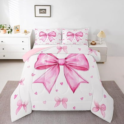 Erosebridal Girly Pink White Comforter Set King,Cute Bow Girls Bedding Set Dreamy Princess Bedding Comforter Sets for Kids Teen Women,Kawaii Bowknots Bow Tie Quilt Duvet 2 Pillow Cases