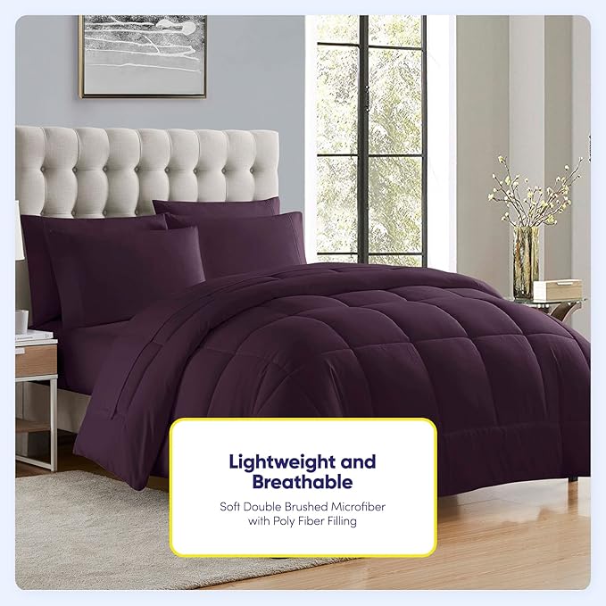 Sweet Home Collection 5 Piece Comforter Set Bag Solid Color All Season Soft Down Alternative Blanket & Luxurious Microfiber Bed Sheets, Purple, Twin XL
