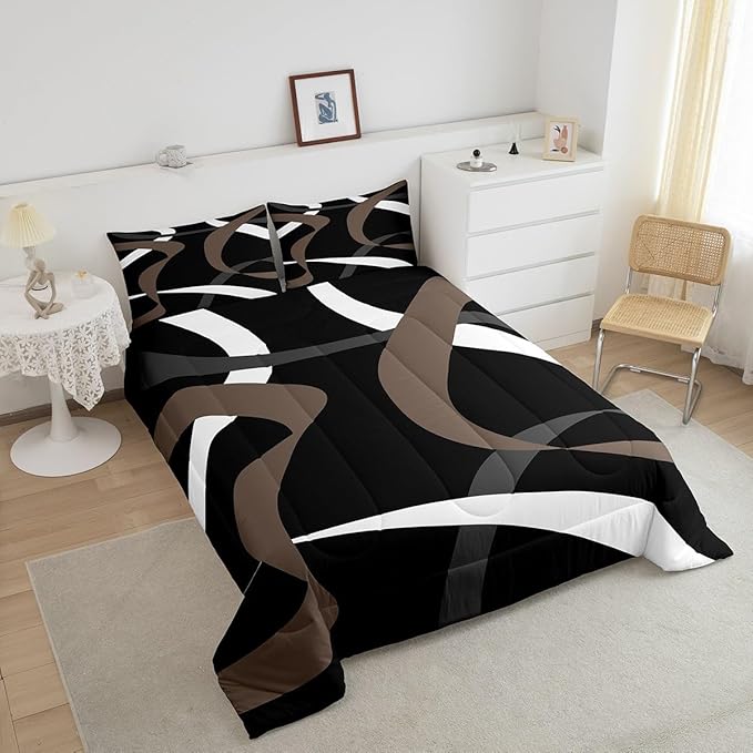 Erosebridal Abstract Black Taupe Brown Bedding Comforter Sets Dark Grey White Striped Bedding Set Twin Geometric Abstract Down Comforter for Kids Boys Teen Men Modern Fashion Quilt Duvet