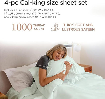Threadmill California King Sheets, Certified American Supima Cotton Sheets, 1000 Thread Count Hotel Quality, 4 Piece Luxury Bed Sheets Set with Elasticized Extra Deep Pocket, Seaglass