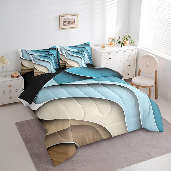 Erosebridal Blue Beige Brown Ombre Twin Comforter Set 7 Pieces for Boys Geometric Stripe Bedding Comforter Sets, Aesthetic Wave Bed in a Bag Modern Abstract Bedding Set, Gradient Bed Sheets Set