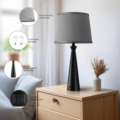 Seealle Modern Table Lamps Set of 2 - Touch Bedside Lamp for Nightstand with Dual USB C+A,3-Way Dimmable Nightstand Lamps for Living Room Bedroom End Table with Grey Shade(Bulb Included)