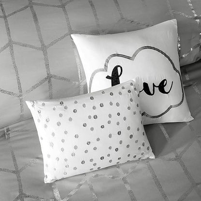 Intelligent Design Raina Full/Queen Comforter Set, Soft Microfiber, Modern Geometric Metallic Bed Set, 5 Pieces College Bedding with 2 Shams, 2 Toss Pillows Grey/Silver