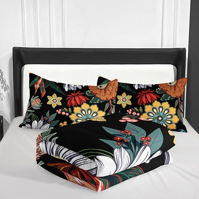 3 Pieces Colorful Floral Comforter Set,Bohemian Botanical Bedding Set King Size,All Season Lightweight Soft Microfiber Bedding with 2 Pillow Shams