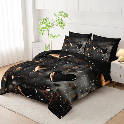 7 Piece Black Heart Comforter Set Queen，Queen Size Heart Bedding Set，Heart Themed Bedroom Decor，(1 Comforter, 1 Flat Sheet, 1 Fitted Sheet, 2 Pillowcase and 2 Pillow Sham)