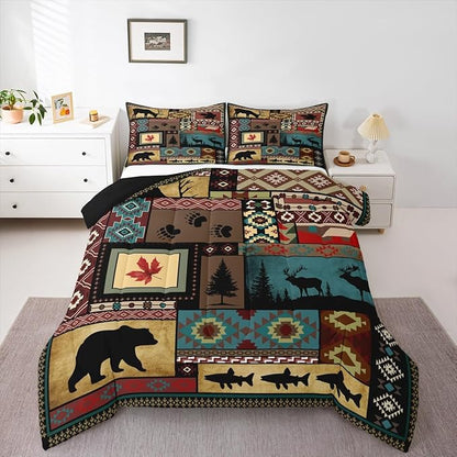 Rustic Cabin Bedding Comforter Sets Full Size, Lodge Bear Bedding Sets, Southwestern Quilt Duvet Moose Deer Country Farmhouse Animal Wildlife Hunting Brown Patchwork Plaid Quilt, 2 Pillowcases