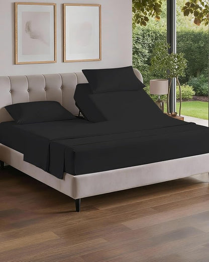 Flex Top Split Head King 4 Piece Sheet Set - Comfy Breathable & Cooling Bed Sheets Set - Hotel Luxury Bedding for Women, Men, Kids, Teens, Boys & Girls - Deep Pockets, Ultra-Soft - Oeko-Tex - Black