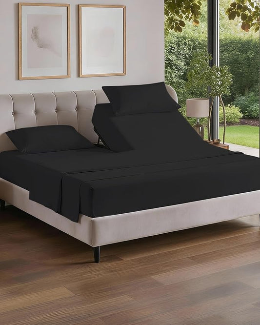 Flex Top Split Head King 4 Piece Sheet Set - Comfy Breathable & Cooling Bed Sheets Set - Hotel Luxury Bedding for Women, Men, Kids, Teens, Boys & Girls - Deep Pockets, Ultra-Soft - Oeko-Tex - Black