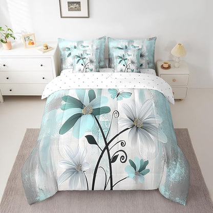 Feelyou Flower Comforter Set Full Size 7 Pieces Vintage Floral Bedding Set for All Season Butterfly Botanical Nature Theme Bed in a Bag with Comforter, Sheets, Pillowcases & Cushion Cover